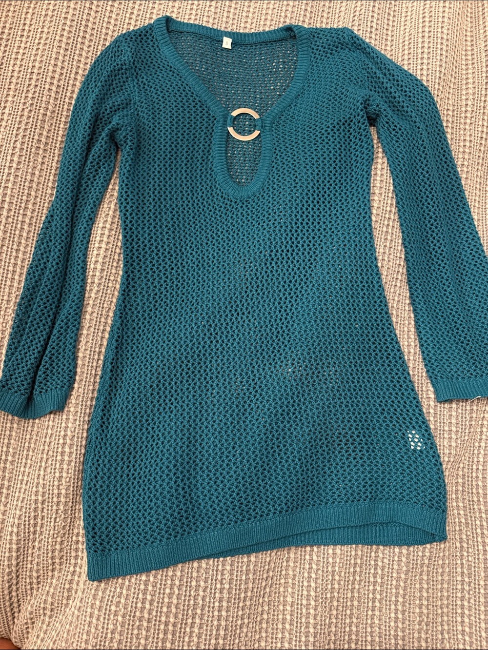 Teal Open-Knit Sweater Dress with Ring Detail